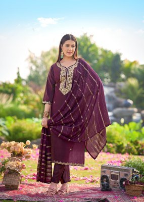 Mukesh Dilbara Premium Simmer Roman Kurti Set with Quarding Embroidery, Fancy Lace Pant And Pure Viscose Jacquard Dupatta Wholesale kurtis catalogs