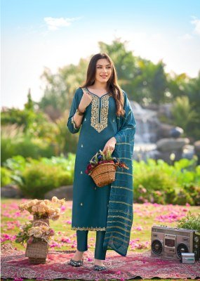 Mukesh Dilbara Premium Simmer Roman Kurti Set with Quarding Embroidery, Fancy Lace Pant And Pure Viscose Jacquard Dupatta Wholesale kurtis catalogs