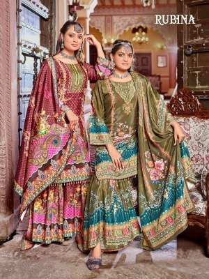 Mukesh Rubina Readymade Pakistani Suit Pure Crape Silk Digital Print Top with Inner Mirror Work Sharara And Dupatta Wholesale  pakistani suit catalogs