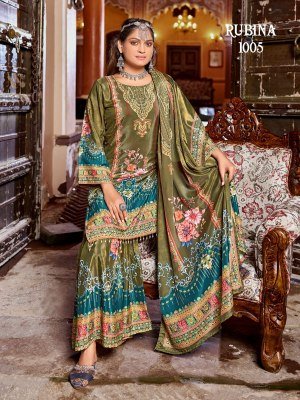Mukesh Rubina Readymade Pakistani Suit Pure Crape Silk Digital Print Top with Inner Mirror Work Sharara And Dupatta Wholesale  pakistani suit catalogs