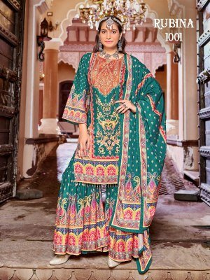 Mukesh Rubina Readymade Pakistani Suit Pure Crape Silk Digital Print Top with Inner Mirror Work Sharara And Dupatta Wholesale  pakistani suit catalogs