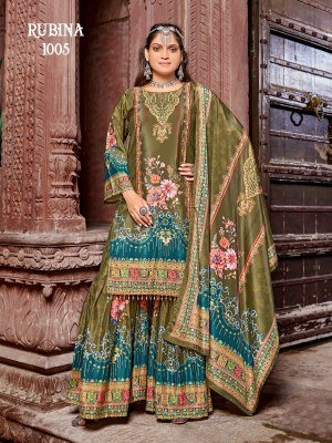 Mukesh Rubina Readymade Pakistani Suit Pure Crape Silk Digital Print Top with Inner Mirror Work Sharara And Dupatta Wholesale  pakistani suit catalogs
