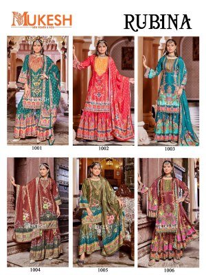 Mukesh Rubina Readymade Pakistani Suit Pure Crape Silk Digital Print Top with Inner Mirror Work Sharara And Dupatta Wholesale  pakistani suit catalogs