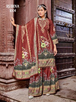 Mukesh Rubina Readymade Pakistani Suit Pure Crape Silk Digital Print Top with Inner Mirror Work Sharara And Dupatta Wholesale  pakistani suit catalogs
