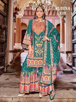 Mukesh Rubina Sharara Pakistani Suit Pure Crepe Silk Top with Original Mirror Work And Dupatta Ethnic Wholesale pakistani suit catalogs