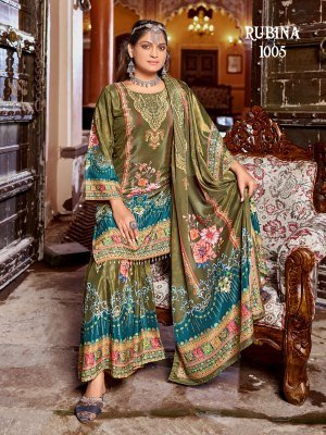 Mukesh Rubina Sharara Pakistani Suit Pure Crepe Silk Top with Original Mirror Work And Dupatta Ethnic Wholesale pakistani suit catalogs