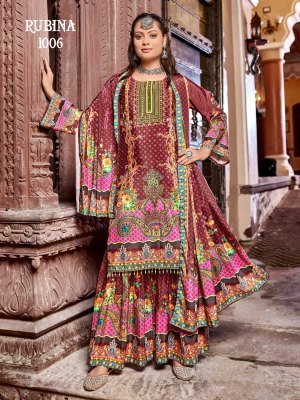 Mukesh Rubina Sharara Pakistani Suit Pure Crepe Silk Top with Original Mirror Work And Dupatta Ethnic Wholesale pakistani suit catalogs