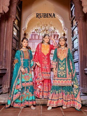 Mukesh Rubina Sharara Pakistani Suit Pure Crepe Silk Top with Original Mirror Work And Dupatta Ethnic Wholesale pakistani suit catalogs