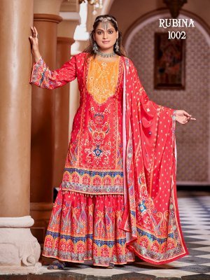 Mukesh Rubina Sharara Pakistani Suit Pure Crepe Silk Top with Original Mirror Work And Dupatta Ethnic Wholesale pakistani suit catalogs