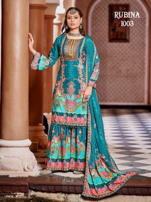 Mukesh Rubina Sharara Pakistani Suit Pure Crepe Silk Top with Original Mirror Work And Dupatta Ethnic Wholesale pakistani suit catalogs