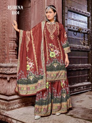 Mukesh Rubina Sharara Pakistani Suit Pure Crepe Silk Top with Original Mirror Work And Dupatta Ethnic Wholesale pakistani suit catalogs