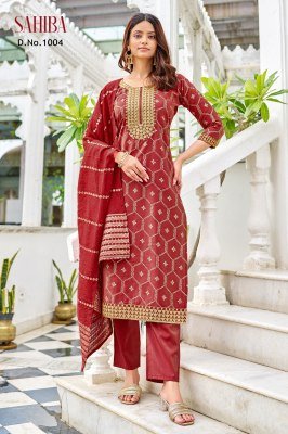 Mukesh Saheba Kurti Set with Embroidered And Foil Print Viscose Simmer Roman Top  Matching Bottom And Pure Viscose Chanderi Jaquard Dupatta Wholesale kurtis catalogs