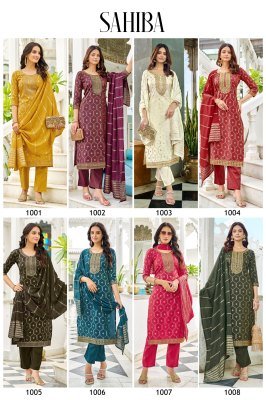 Mukesh Saheba Kurti Set with Embroidered And Foil Print Viscose Simmer Roman Top  Matching Bottom And Pure Viscose Chanderi Jaquard Dupatta Wholesale kurtis catalogs