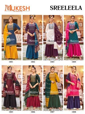 Mukesh Sree Leela Kurti Sharara Dupatta Set Gadhwal Silk Embroidered Top Rayon Foil Sharara Pure Viscose Jacquard Dupatta wholesale kurtis catalogs