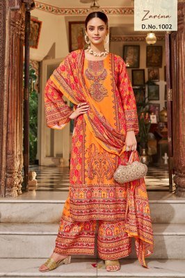 Mukesh Zarina Pure Crape Silk Digital Print Suit Set with Mirror Work Top  Palazzo And Dupatta Wholesale kurtis catalogs