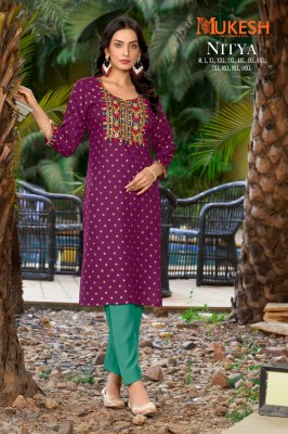 Mukesh by Nitya reyon gold printed embroidered work kurti catalogue at low rate kurtis catalogs