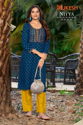 Mukesh by Nitya reyon gold printed embroidered work kurti catalogue at low rate kurtis catalogs