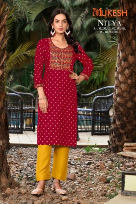Mukesh by Nitya reyon gold printed embroidered work kurti catalogue at low rate kurtis catalogs