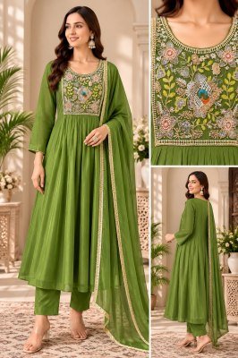 Mul Chanderi 3-Piece A-Line Ghera Palazzo Suit with Embroidery and Hand Work Fancy Palazzo suit catalogue