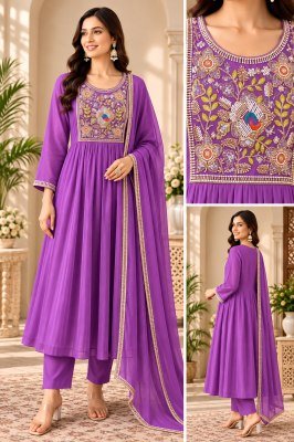 Mul Chanderi 3-Piece A-Line Ghera Palazzo Suit with Embroidery and Hand Work Fancy Palazzo suit catalogue