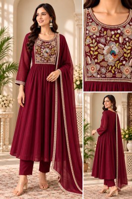 Mul Chanderi 3-Piece A-Line Ghera Palazzo Suit with Embroidery and Hand Work Fancy Palazzo suit catalogue
