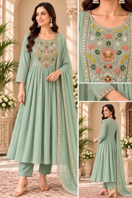Mul Chanderi 3-Piece A-Line Ghera Palazzo Suit with Embroidery and Hand Work Fancy Palazzo suit catalogue