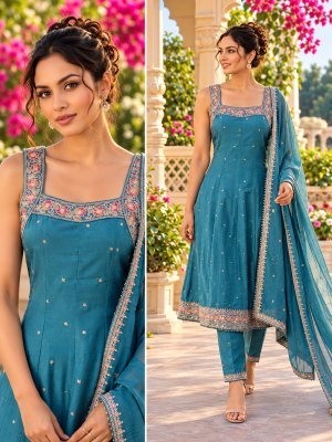Mul Chanderi 3-Piece Flared A-Line Kurti Pant Dupatta Set with Floral Embroidery wholesale catalogs