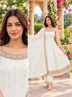 Mul Chanderi 3-Piece Flared A-Line Kurti Pant Dupatta Set with Floral Embroidery Size wise Combo Set