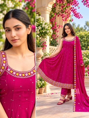 Mul Chanderi 3-Piece Flared A-Line Kurti Pant Dupatta Set with Floral Embroidery Size wise Combo Set