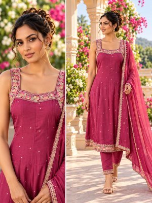 Mul Chanderi 3-Piece Flared A-Line Kurti Pant Dupatta Set with Floral Embroidery Size wise Combo Set