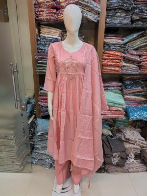 Mul Chanderi 3-Piece Handwork Suit Set with Semi Palazzo and Dupatta wholesale catalogs
