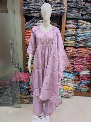 Mul Chanderi 3-Piece Handwork Suit Set with Semi Palazzo and Dupatta Size wise Combo Set