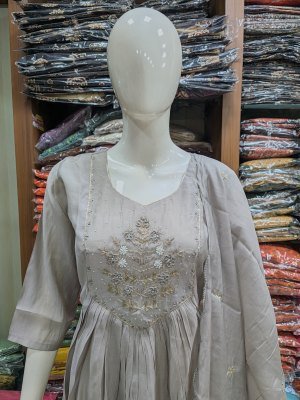 Mul Chanderi 3-Piece Handwork Suit Set with Semi Palazzo and Dupatta Size wise Combo Set