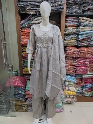 Mul Chanderi 3-Piece Handwork Suit Set with Semi Palazzo and Dupatta Size wise Combo Set