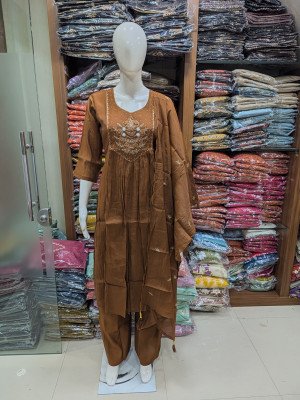 Mul Chanderi 3-Piece Handwork Suit Set with Semi Palazzo and Dupatta Size wise Combo Set
