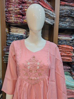 Mul Chanderi 3-Piece Handwork Suit Set with Semi Palazzo and Dupatta Size wise Combo Set