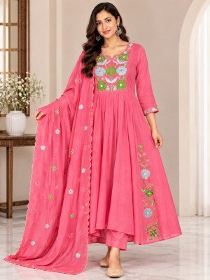Mul Chanderi A-Line Ghera Kurti Palazzo Pant Dupatta 3-Piece Embroidery Suit Set wholesale catalogs