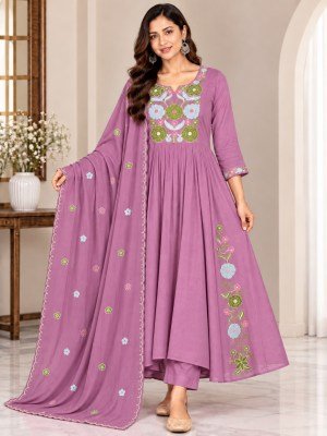 Mul Chanderi A-Line Ghera Kurti Palazzo Pant Dupatta 3-Piece Embroidery Suit Set Size wise Combo Set