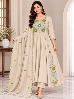 Mul Chanderi A-Line Ghera Kurti Palazzo Pant Dupatta 3-Piece Embroidery Suit Set Size wise Combo Set