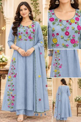 Mul Chanderi Kurti Palazzo Dupatta Set with Embroidery & and Latkans wholesale catalogs
