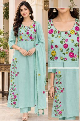 Mul Chanderi Kurti Palazzo Dupatta Set with Embroidery & and Latkans Size wise Combo Set