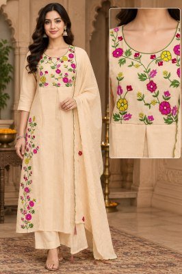 Mul Chanderi Kurti Palazzo Dupatta Set with Embroidery & and Latkans Size wise Combo Set