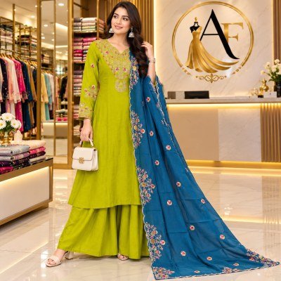 Mul Chanderi Silk 3-Piece Embroidered Suit Set with Hand Work and Full Chudi Sleeves Size wise Combo Set