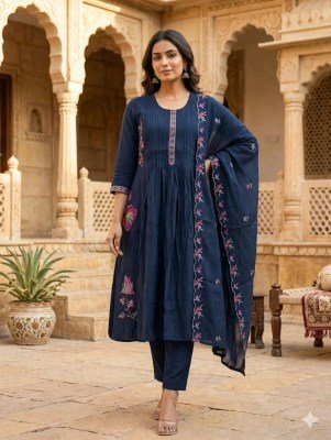 Mul Chanderi Silk 3-Piece Set with Embroidery Work for Women Size wise Combo Set
