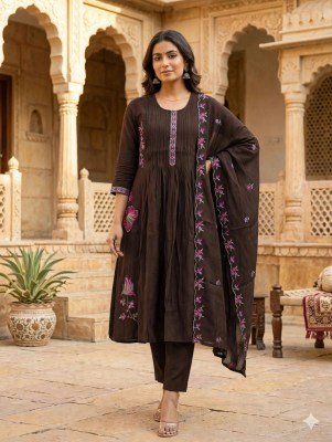 Mul Chanderi Silk 3-Piece Set with Embroidery Work for Women Size wise Combo Set
