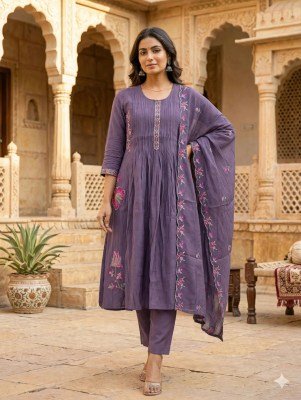 Mul Chanderi Silk 3-Piece Set with Embroidery Work for Women Size wise Combo Set