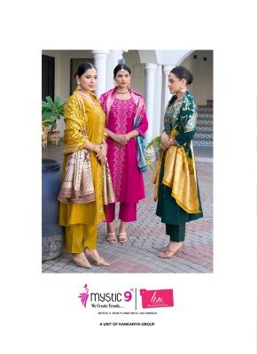 Mystic 9 Akshara Vol 1 Premium Princess Cut Suit Embroidered Dobby Slub Kurti, Straight Pant And Jacquard Dupatta Wholesale kurtis catalogs