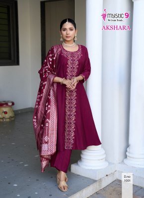 Mystic 9 Akshara Vol 1 Premium Princess Cut Suit Embroidered Dobby Slub Kurti, Straight Pant And Jacquard Dupatta Wholesale kurtis catalogs