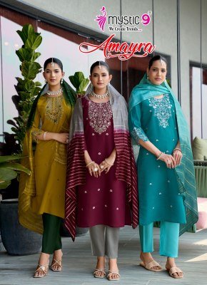 Mystic 9 Amayra Vol 1 Roman Silk Straight Kurti Set with Chanderi Zari Dupatta  M   3XL  readymade suit catalogs