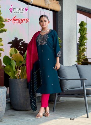 Mystic 9 Amayra Vol 1 Roman Silk Straight Kurti Set with Chanderi Zari Dupatta  M   3XL  readymade suit catalogs